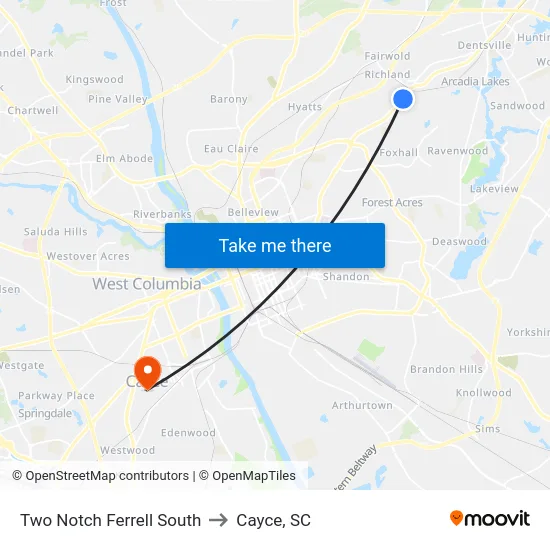 Two Notch Ferrell South to Cayce, SC map