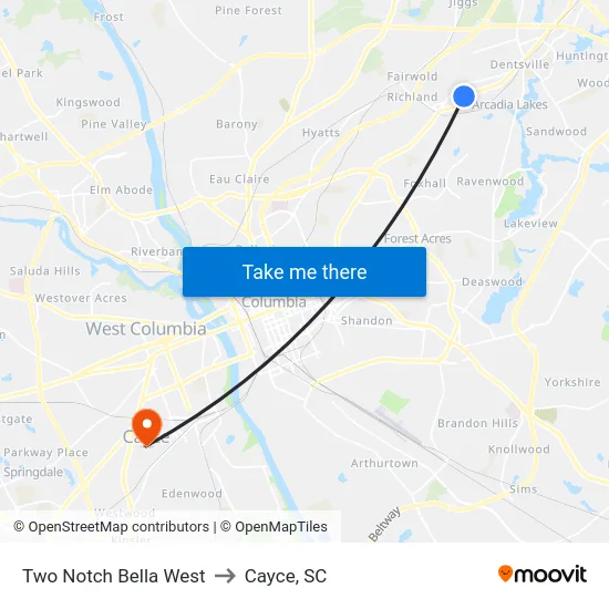 Two Notch Bella West to Cayce, SC map