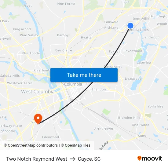 Two Notch Raymond West to Cayce, SC map