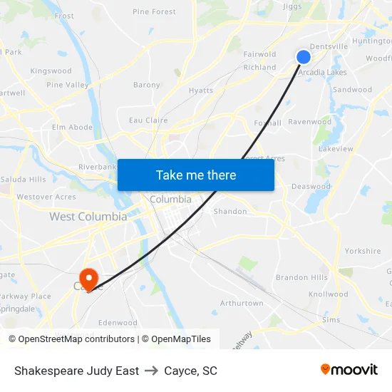 Shakespeare Judy East to Cayce, SC map