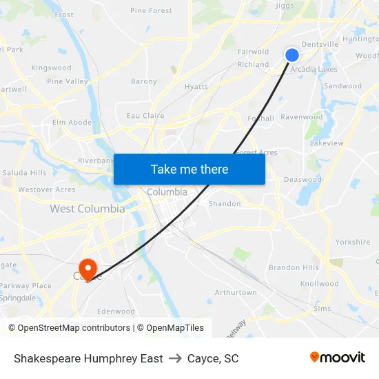 Shakespeare Humphrey East to Cayce, SC map