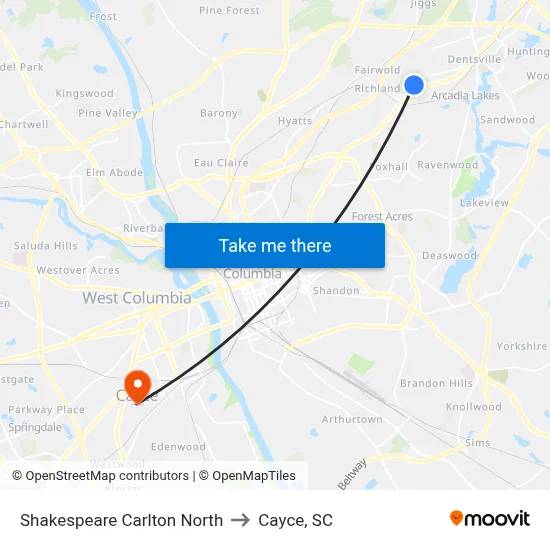 Shakespeare Carlton North to Cayce, SC map