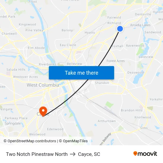 Two Notch Pinestraw North to Cayce, SC map