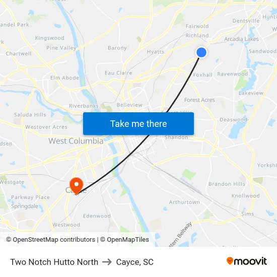 Two Notch Hutto North to Cayce, SC map