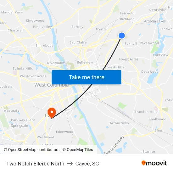 Two Notch Ellerbe North to Cayce, SC map
