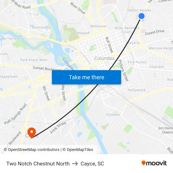 Two Notch Chestnut North to Cayce, SC map