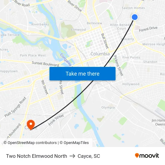 Two Notch Elmwood North to Cayce, SC map