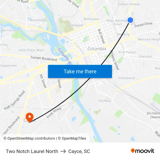 Two Notch Laurel North to Cayce, SC map