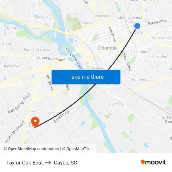 Taylor Oak East to Cayce, SC map