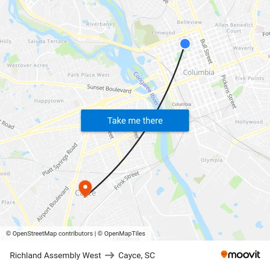 Richland Assembly West to Cayce, SC map