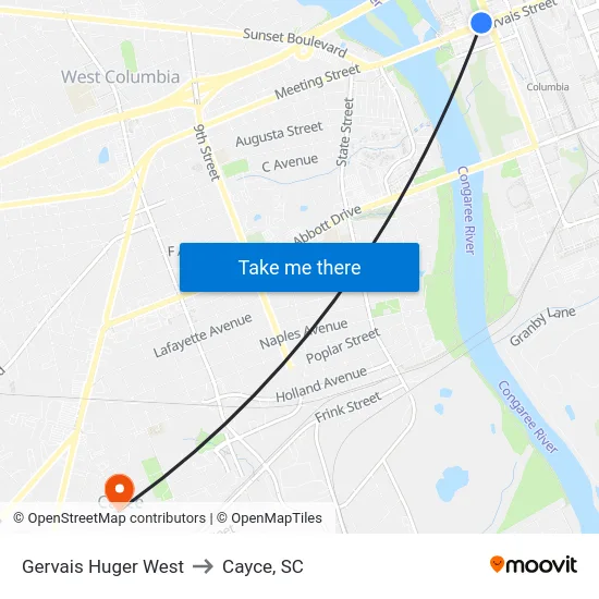 Gervais Huger West to Cayce, SC map