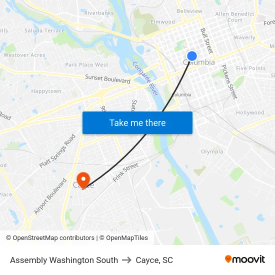Assembly Washington South to Cayce, SC map