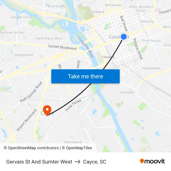 Gervais St And Sumter West to Cayce, SC map