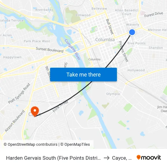 Harden Gervais South (Five Points District) to Cayce, SC map
