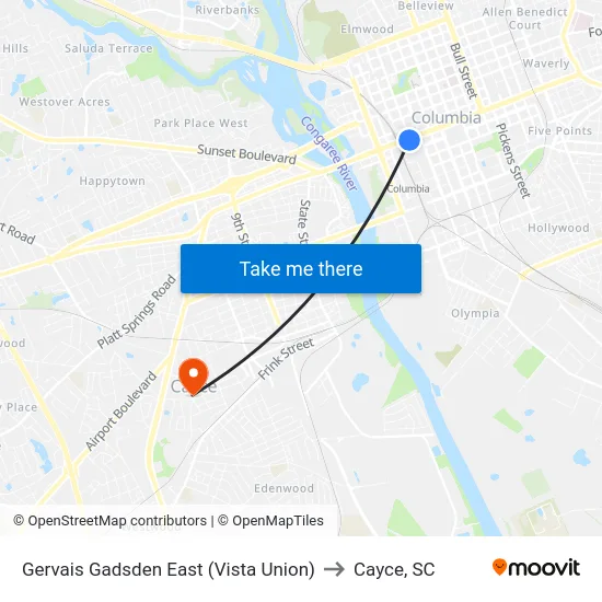 Gervais Gadsden East (Vista Union) to Cayce, SC map