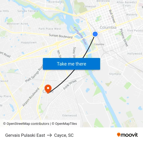 Gervais Pulaski East to Cayce, SC map