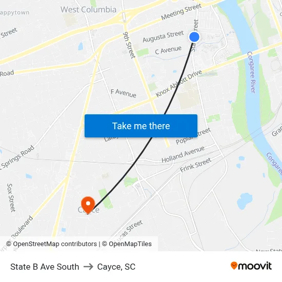 State B Ave South to Cayce, SC map