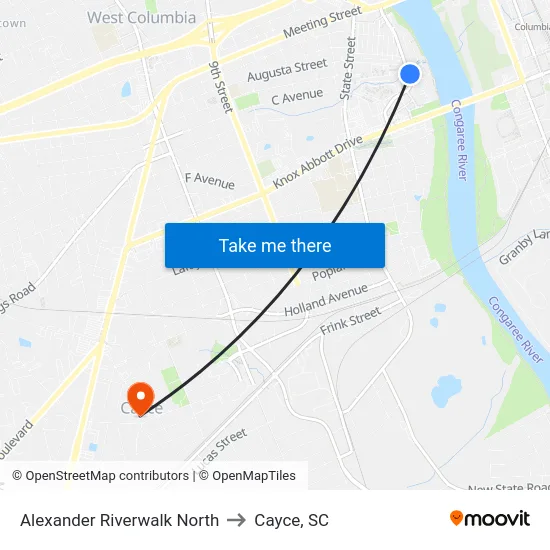 Alexander Riverwalk North to Cayce, SC map