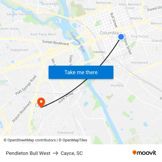 Pendleton Bull West to Cayce, SC map