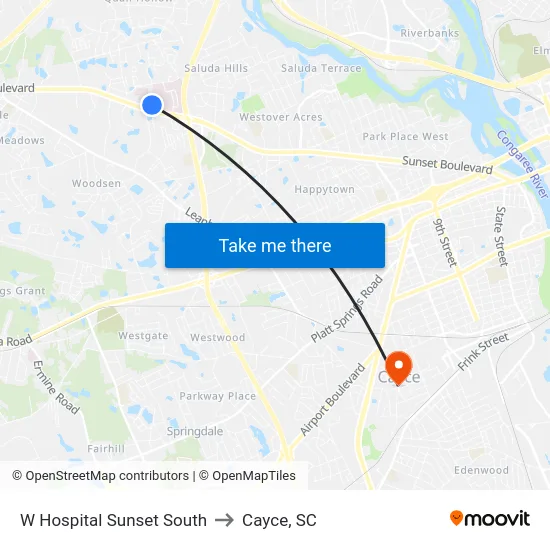 W Hospital Sunset South to Cayce, SC map
