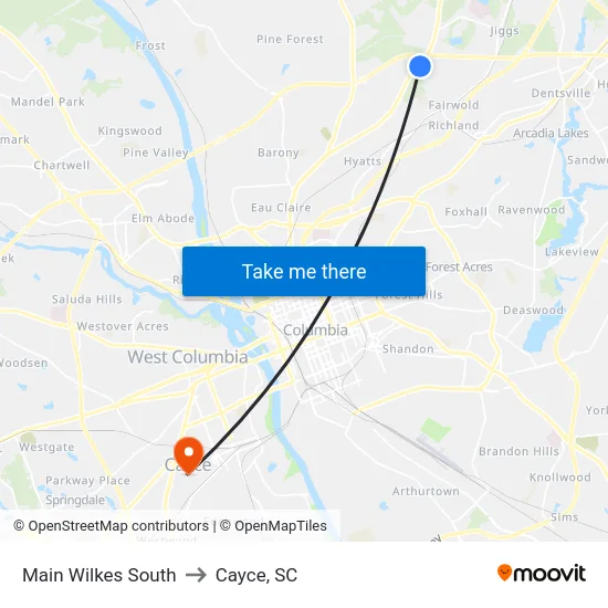 Main Wilkes South to Cayce, SC map
