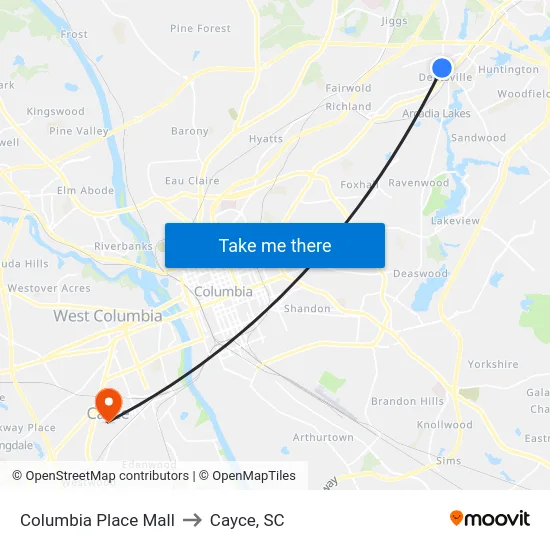 Columbia Place Mall to Cayce, SC map