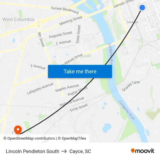 Lincoln Pendleton South to Cayce, SC map