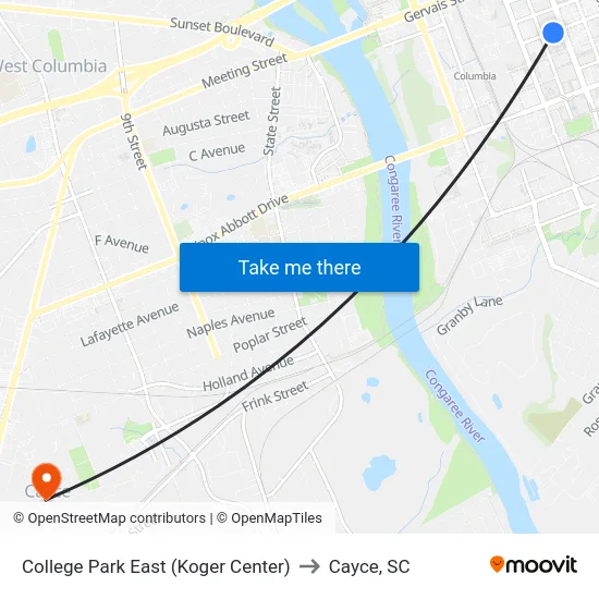 College Park East (Koger Center) to Cayce, SC map