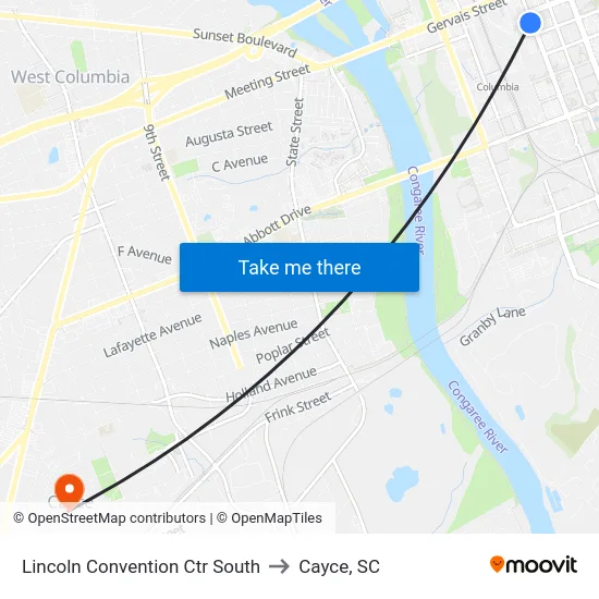 Lincoln Convention Ctr South to Cayce, SC map