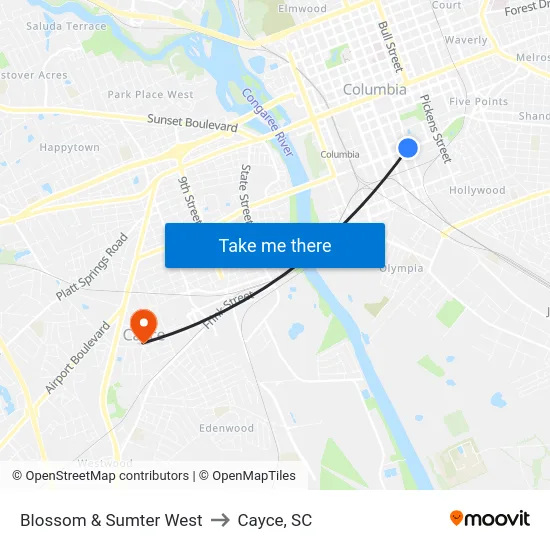 Blossom & Sumter West to Cayce, SC map