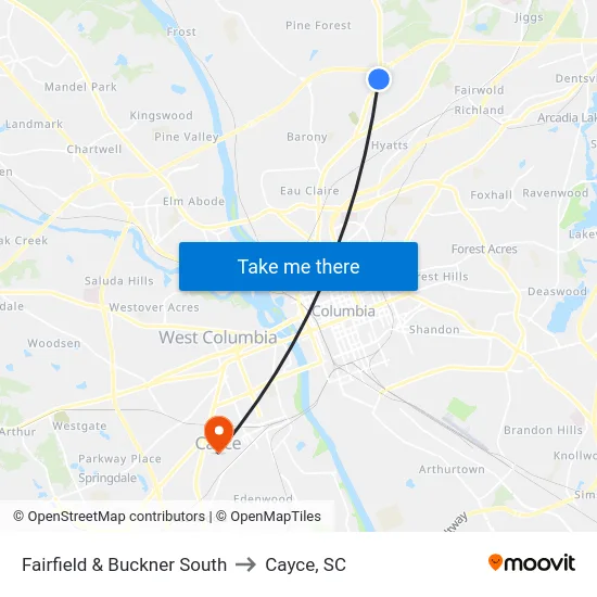 Fairfield & Buckner South to Cayce, SC map