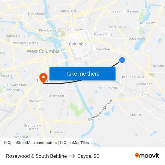 Rosewood & South Beltline to Cayce, SC map