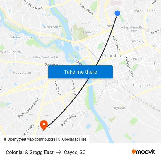 Colonial & Gregg East to Cayce, SC map