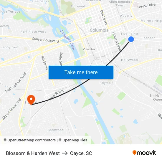 Blossom & Harden West to Cayce, SC map