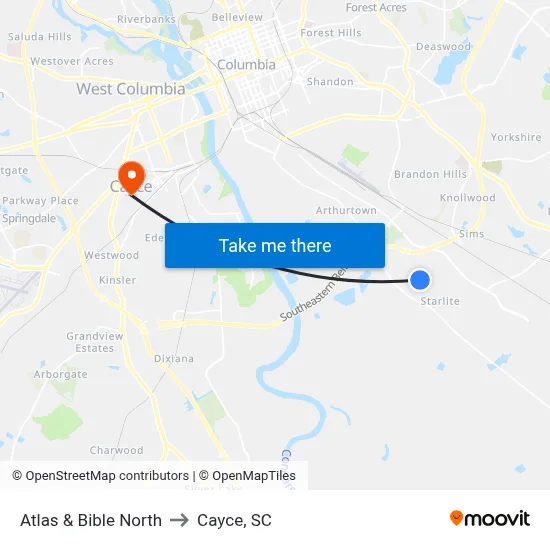 Atlas & Bible North to Cayce, SC map