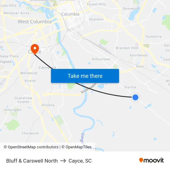 Bluff & Carswell North to Cayce, SC map