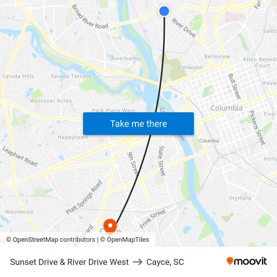Sunset Drive & River Drive West to Cayce, SC map