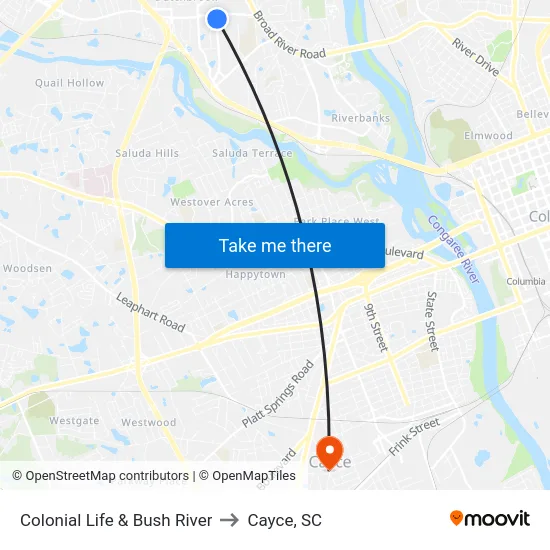 Colonial Life & Bush River to Cayce, SC map
