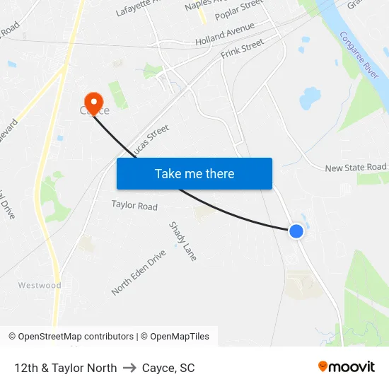12th & Taylor North to Cayce, SC map