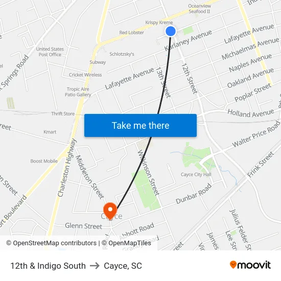 12th & Indigo South to Cayce, SC map