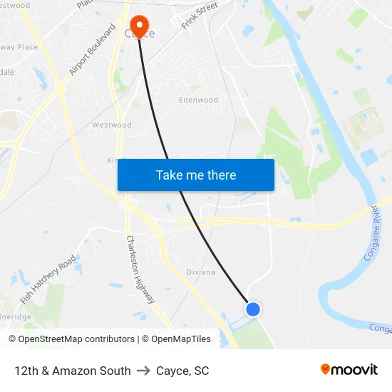 12th & Amazon South to Cayce, SC map