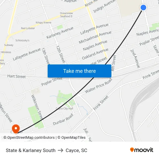 State & Karlaney South to Cayce, SC map