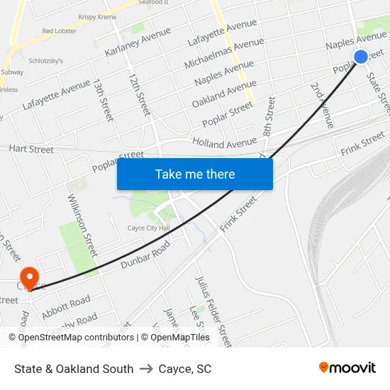 State & Oakland South to Cayce, SC map