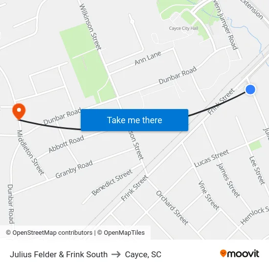 Julius Felder & Frink South to Cayce, SC map