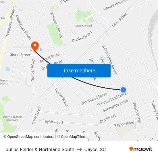 Julius Felder & Northland South to Cayce, SC map