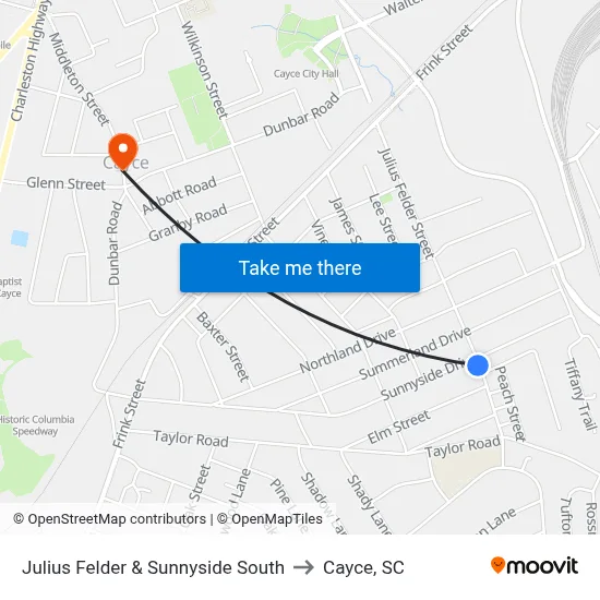 Julius Felder & Sunnyside South to Cayce, SC map