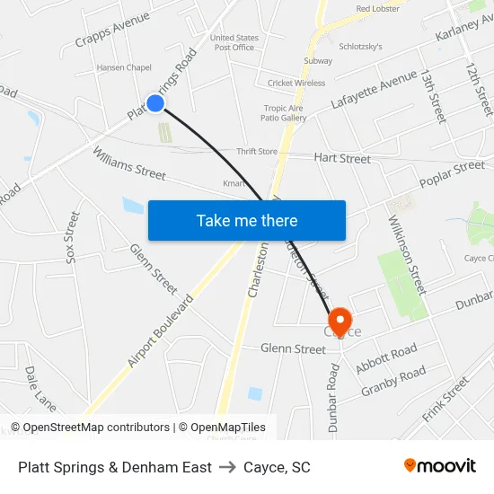 Platt Springs & Denham East to Cayce, SC map