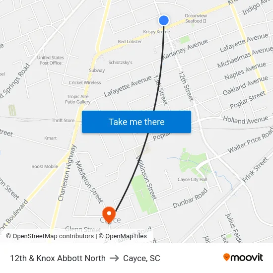 12th & Knox Abbott North to Cayce, SC map
