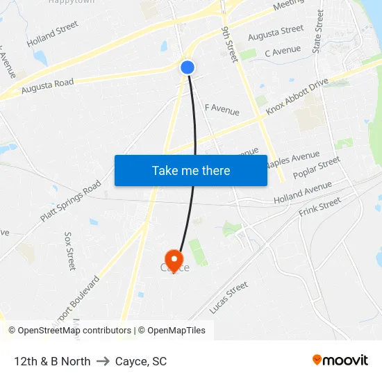12th & B North to Cayce, SC map