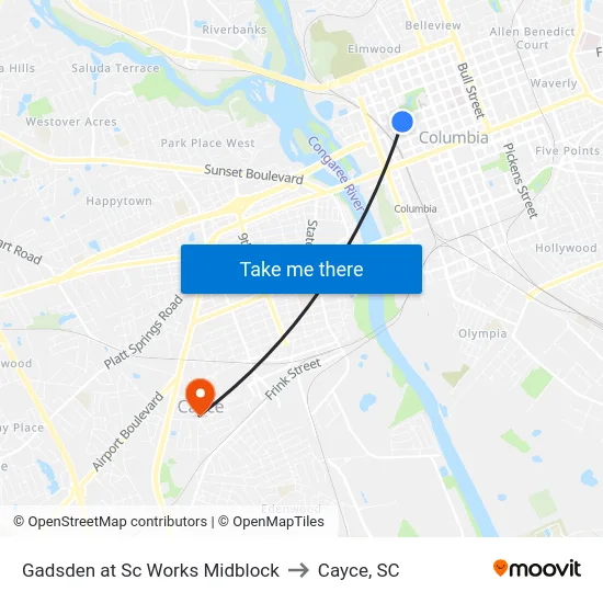 Gadsden at Sc Works Midblock to Cayce, SC map